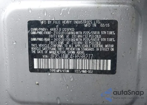 2015 Subaru Forester 2.5I Touring from USA, damaged, VIN JF2SJAWC4FH598277